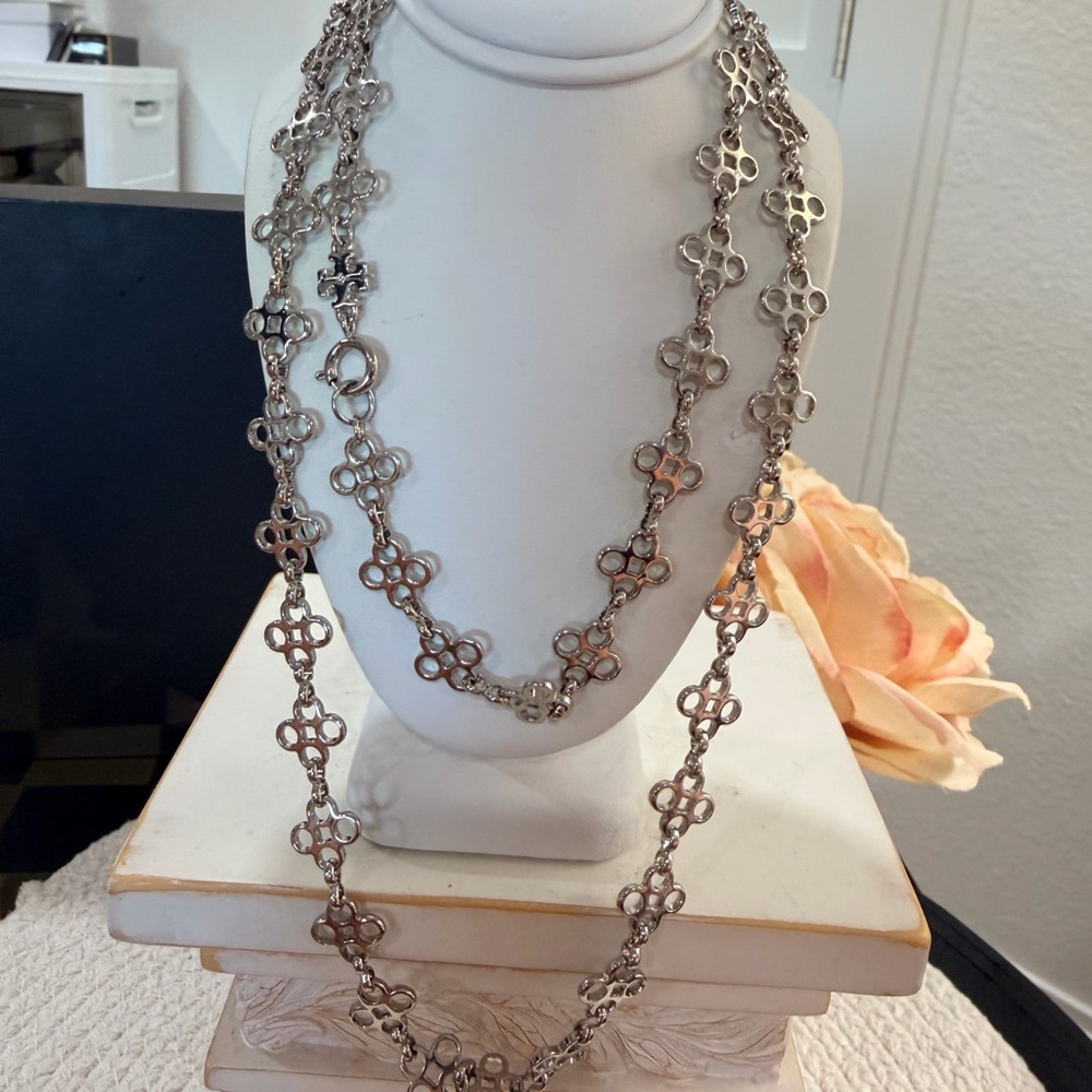 Tory Burch 32 inch Silver Clover Link Long Necklace - NWT